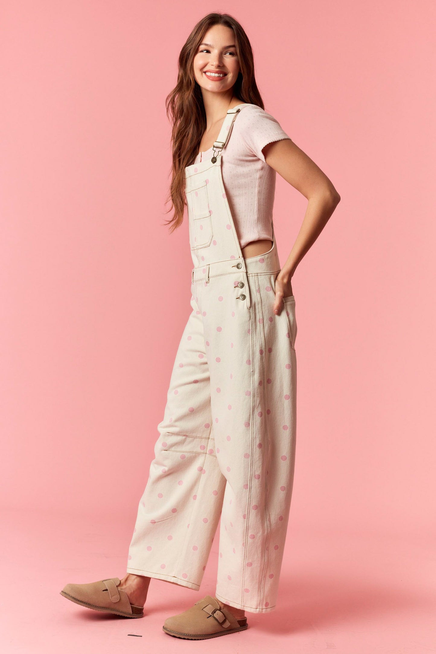 Polka Dot Barrel Overall Jumpsuit - Pink