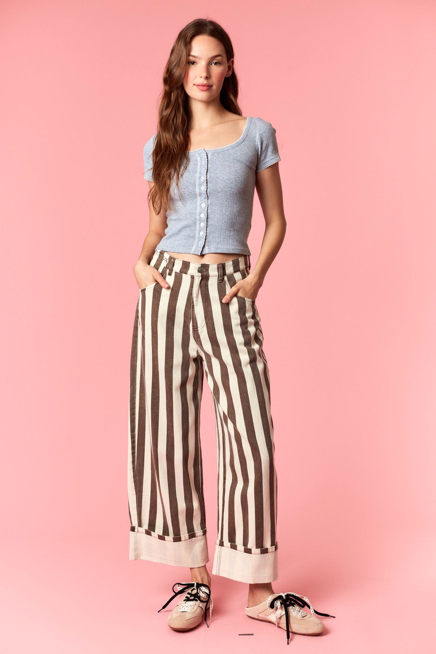 Toby Brown Striped Wide Leg Cuff Jeans