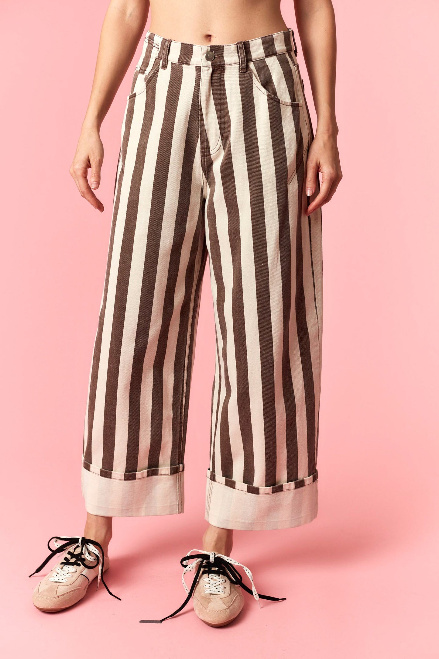 Toby Brown Striped Wide Leg Cuff Jeans