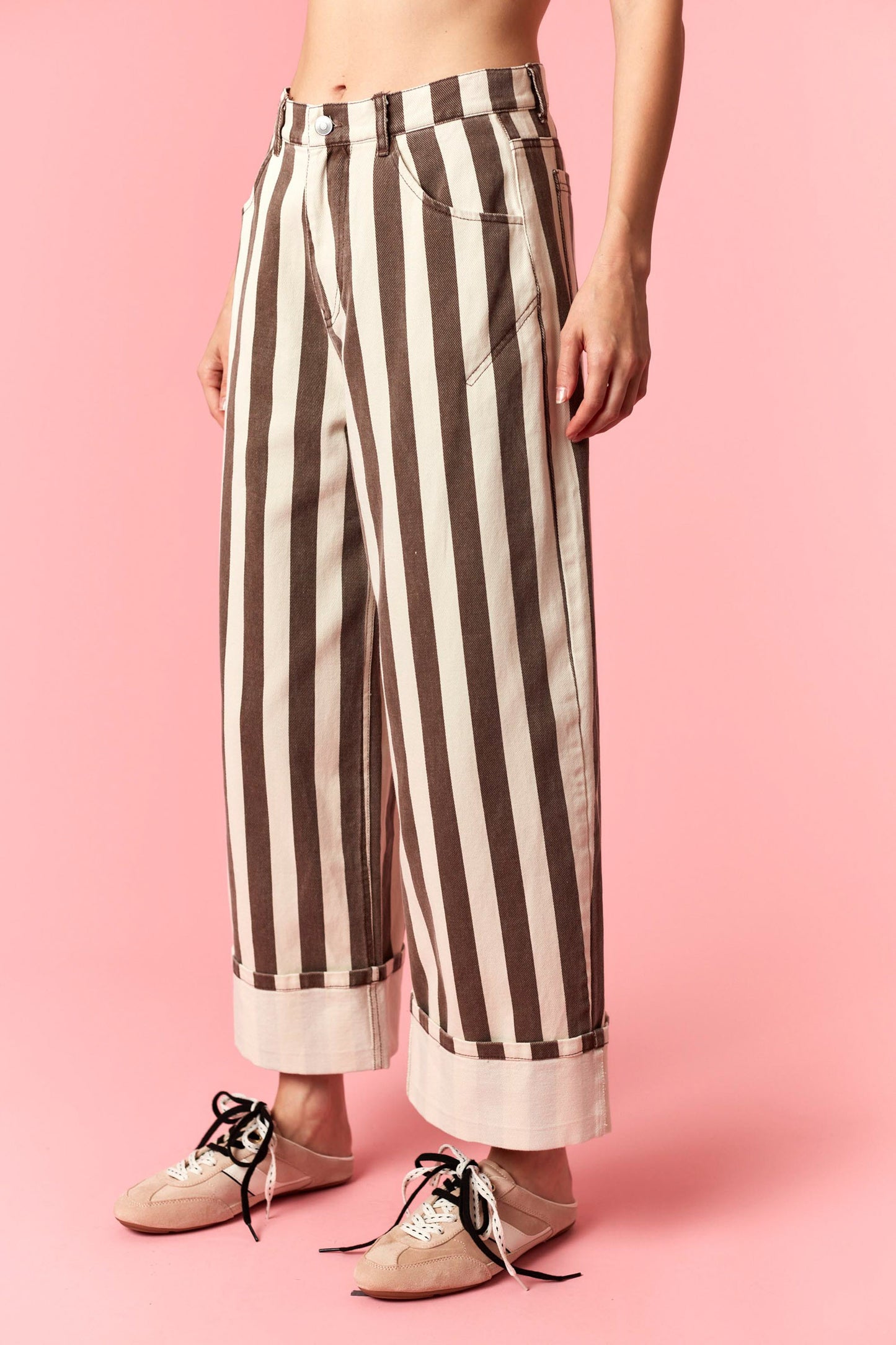 Toby Brown Striped Wide Leg Cuff Jeans