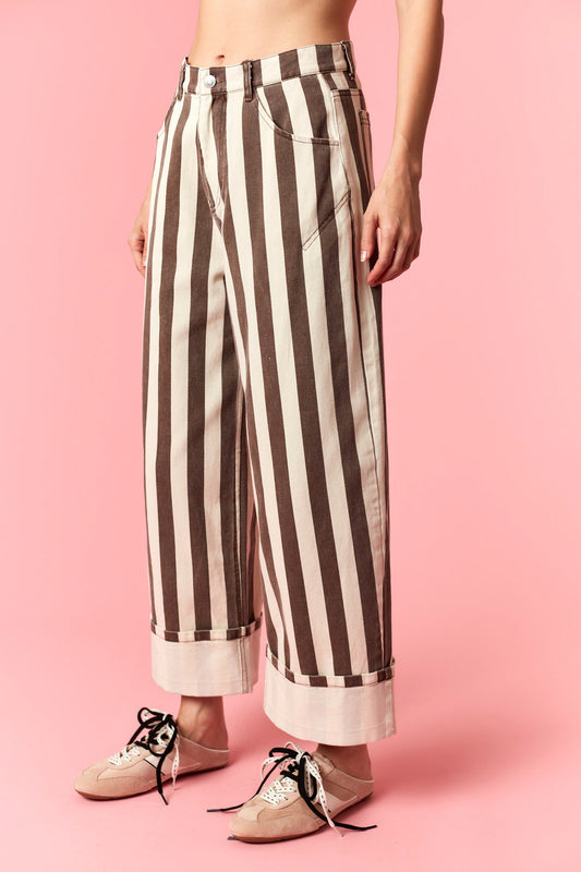 Toby Brown Striped Wide Leg Cuff Jeans
