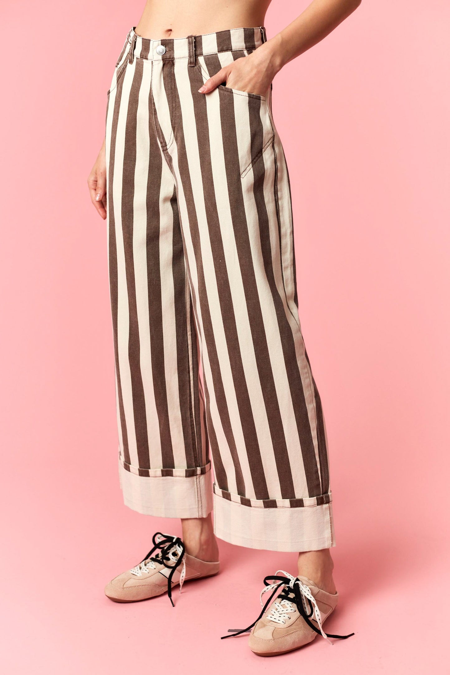 Toby Brown Striped Wide Leg Cuff Jeans