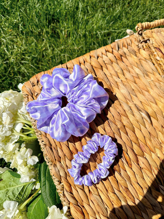 PURPLE GINGHAM - Printed Silk Scrunchie