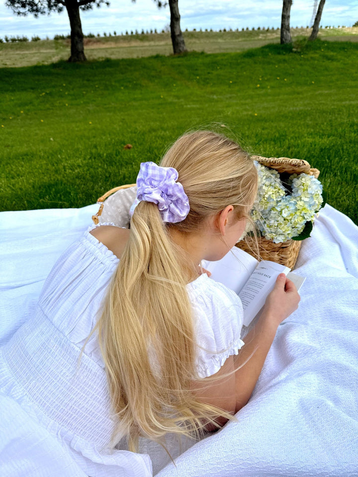 PURPLE GINGHAM - Printed Silk Scrunchie